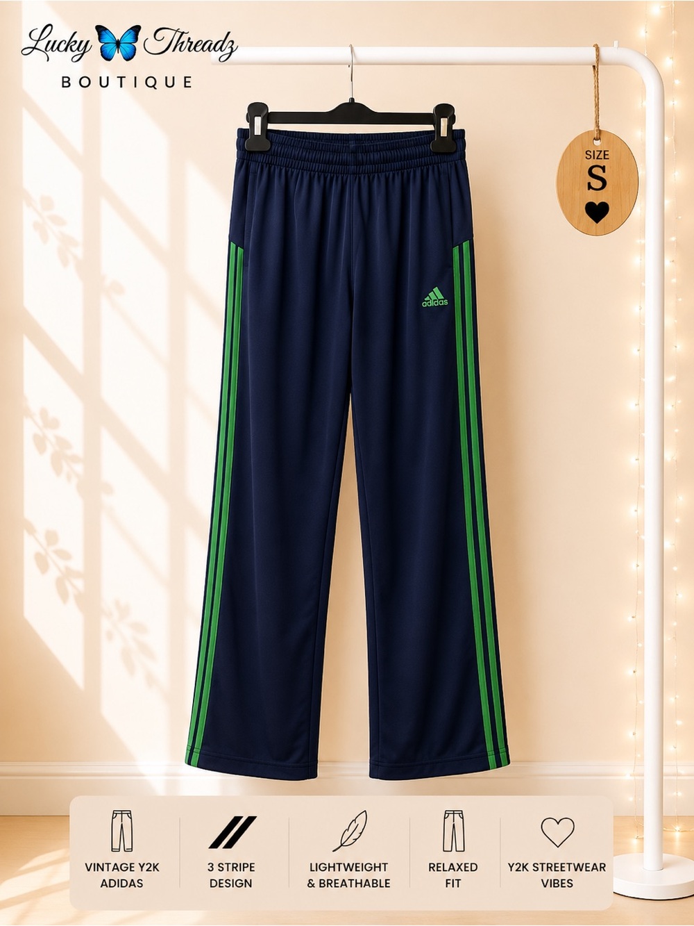 Vintage Y2K Adidas Navy Green 3 Stripe Track Pants